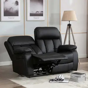 Chester Manual High Back Luxury Bond Grade Leather Recliner 2 Seater Sofa (Black)