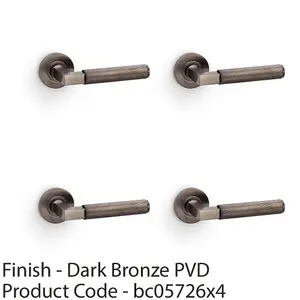 4 PACK - SOLID BRASS Knurled Door Handle Set - Dark Bronze Angled Lever on Round Rose