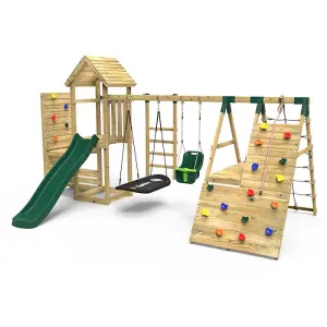 Rebo Wooden Climbing Frame with Vertical Rock Wall, Swing Set and Slides - Cairngorm+