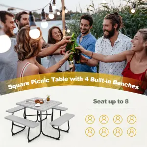 Costway 8 person Square Picnic Table Bench Set Outdoor Circular Table W/ 4 Benches & Umbrella Hole, Grey