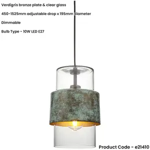 Single Hanging Ceiling Pendat & 2x Matching Wall Lights - Verdigris Hammered Dimmable Set