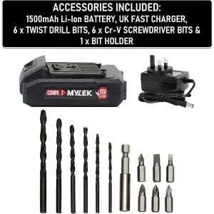 Mylek 18V Cordless Li-ion Drill And 13 Piece Accessory  Set