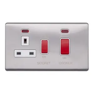 Brushed Chrome Screwless Plate  45A Cooker Control Unit & Neon-White Trim - White Trim - SE Home