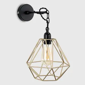 ValueLights Huber Industrial Satin Black Wall Ceiling Light Fitting with Gold Metal Cage Shade