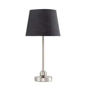 ValueLights Theydon Modern Brushed Chrome Single Stem Metal Ball Table Lamp with Black Tapered Shade