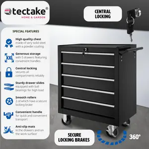 Tool Box - with wheels, 5 drawers, central locking system - black