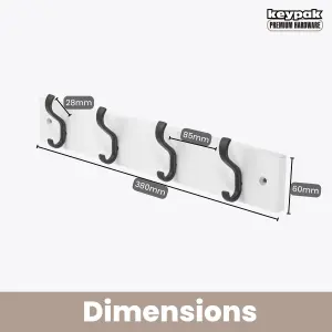 keypak Wall-Mounted Coat Rack - 4 Hooks on Modern Wooden Base for Wall & Door - 38cm (Matte Black/White)