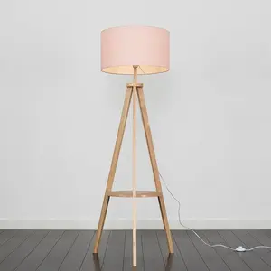 Ismay 149 cm Morrigan Wood Tripod Floor Lamp with Shelf & XL Reni Shade Light Brown / Pink / No