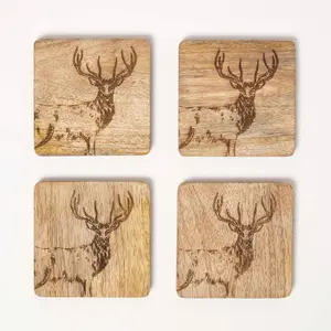 Homescapes Wooden Coaster Set with Stag Design, Set of 4