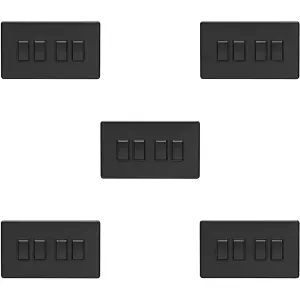 5 PACK 4 Gang Quad Light Switch SCREWLESS MATT BLACK 2 Way 10A Slim Rocker