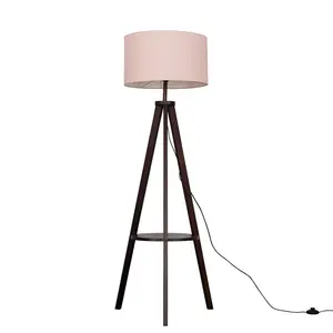 Ismay 149 cm Morrigan Wood Tripod Floor Lamp with Shelf & XL Reni Shade Light Brown / Pink / No