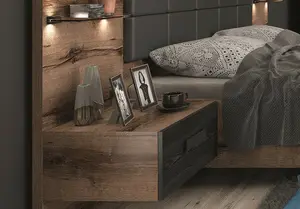 Luxury King Size Bed Euro Frame Padded Headboard LED Light USB Chargers Bedside Cabinets Oak Black Kassel