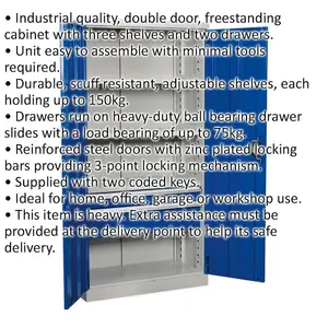 1800mm Double Door Industrial Cabinet - 2 Drawers & 3 Shelves - 3 Point Lock