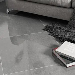 Colours Imperiali Anthracite Gloss Stone effect Porcelain Indoor Wall & floor Tile, Pack of 3, (L)600mm (W)600mm