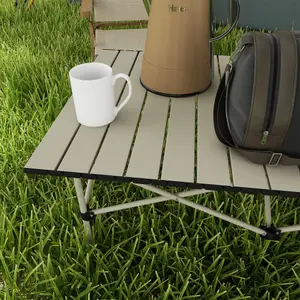 Outsunny Portable Folding Camping Table w/ Roll Up Aluminium Top Carry Bag Khaki