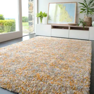 Super Soft Mottled Tonal Ochre Yellow & Grey Shaggy Area Rug 160x230cm