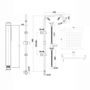 ENKI, Plaza, BBT0160, Matt Black Square Waterfall Bath Shower Mixer Tap with Rigid Riser Shower Rail Kit