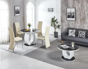 Modernique Giulia Round Black 100 cm Tempered Glass Top White Dining Table with 4 Cream Faux Leather Dining Chairs