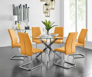 Furniturebox UK Novara Chrome Metal And Glass Large Round Dining Table And 6 Mustard Lorenzo Chairs Set