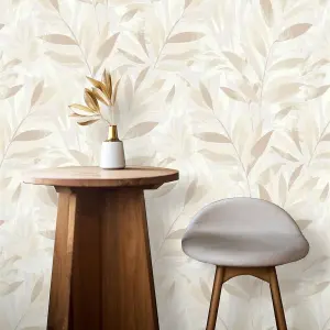 Rasch Fiji Leaves Motif Tropical Leaf Foliage Metallic Natural Beige Wallpaper