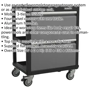 Mobile 3-Tier Workshop Trolley with Castors for Easy Mobility