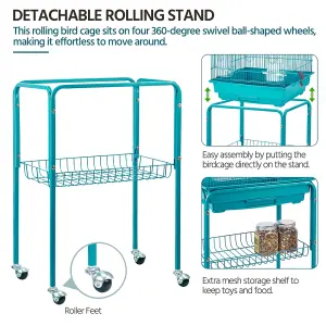 Yaheetech Teal Blue Rolling Metal Bird Cage with Detachable Stand