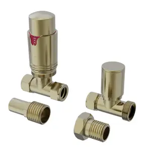 Rinse Bathrooms Thermostatic Radiator Valve 15mm Straight Radiator TRV + Lockshield for Heated Towel Rail Radiator Brushed Brass