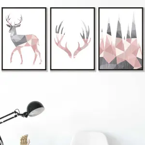 Set of 3 Geometric Blush Pink Grey Stags Set Wall Art Prints / 42x59cm (A2) / Black Frame