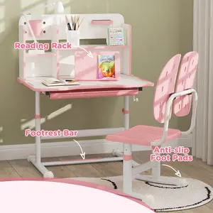 AIYAPLAY Kids Desk and Chair Set w/ Tiltable Desktop Reading Rack - Pink