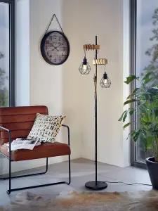 Standing Floor Lamp Light Black Cage Shade & Wood Hangman 2 x 60W E27 Bulb