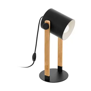 EGLO Hornwood Black/Natural Metal & Wood Desk Lamp - Adjustable Shade, In-Line Switch (D) 21cm