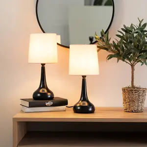 Pair - Black Teardrop Touch Dimmer Table Lamps with Blush Pink Shade for Bedside Table Bedroom Light - LED Bulbs Included