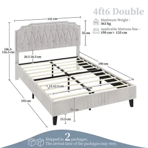 Yaheetech Beige 4ft6 Double Upholstered Bed Frame with Button-Tufted Adjustable Headboard and Wooden Slat Support