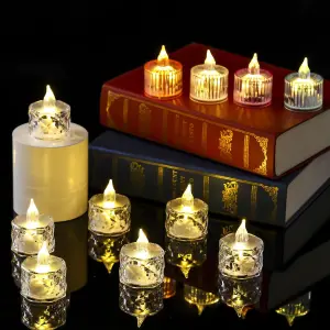 Set of 12 Clear Faceted LED Tealights - Battery Powered Faux Light Up Flame-Free Candle Lights Home Decoration - Each H5 x 3.8cm