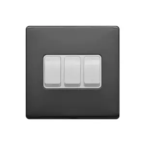 Black Nickel Screwless Plate 10A 3 Gang 2 Way Light Switch - White Trim - SE Home