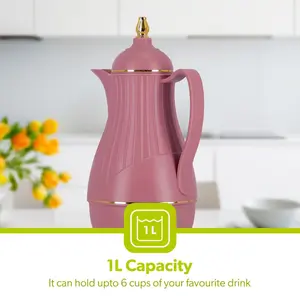 Royalford Glass Vacuum Flask, Vacuum Insulated Tea Carafe 1000ML -Heat & Cold Retention, Thermal Insulated Airpot, Maroon