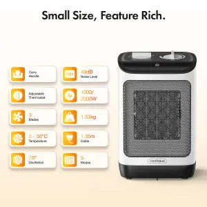 VonHaus Space Heater 2000W, Portable Electric Ceramic PTC Fan Heater with Thermostat, 5 Modes, Low Noise