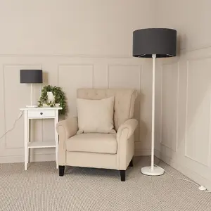 ValueLights Charles White Single Stem Floor Lamp with Charcoal Drum Lamp Shade and LED Bulb