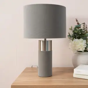 ValueLights Alexa Charcoal Grey Velvet and Silver Chrome Bedside Table Lamp with a Drum Lampshade - Bulb Included