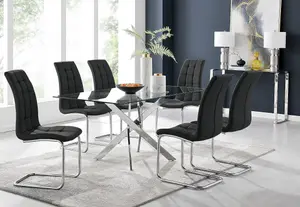 Furniturebox UK Leonardo Glass And Chrome Metal Dining Table And 6 Black Murano Faux Leather Chairs