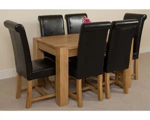 Kuba 125 x 80 cm Chunky Oak Small Dining Table and 6 Chairs Dining Set with Washington Black Leather Chairs