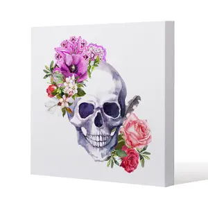 Human skull with flowers (Canvas Print) / 46 x 46 x 4cm