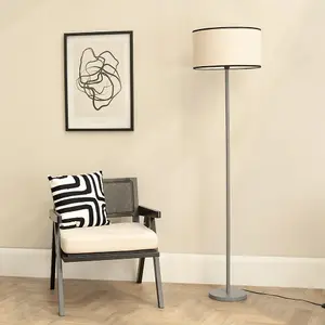 ValueLights Heather Grey Wood Single Stem Floor Lamp with Natural Black Trim Fabric Drum Shade