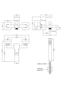 Wall Mount Square Bath Shower Mixer Tap with Shower Kit - Chrome