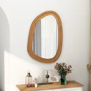 COSTWAY Irregular PVC Rattan Wall Mirror Wooden Framed Decorative Mirror