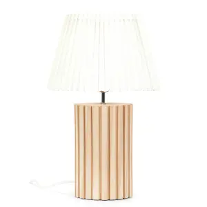 ValueLights Brooke Natural Wood Bedside Table Lamp with a White Pleated Lampshade