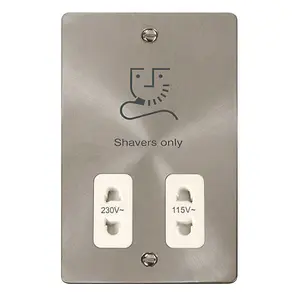 Flat Plate Satin / Brushed Chrome Shaver Socket 115v/230v - White Trim - SE Home