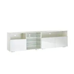 White TV Stand Cabinet 200cm with LED Lights, Storage Shelves SoundBar Shelf 55cm Tall