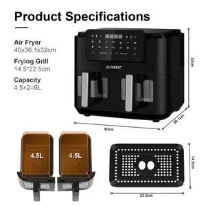 Dual Zone Air Fryer Oil Free 9L Large Air Fryer For Family, Digital Air Fryer With 2 Drawers, Cookbook, 10 Presets, Sync Cook & Sync Finish, Low Fat Air Fryer Oven, 2400W, Black