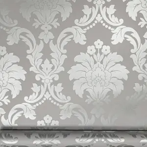 Arthouse Grey Silver Traditional Vintage Floral Damask Metallic Wallpaper